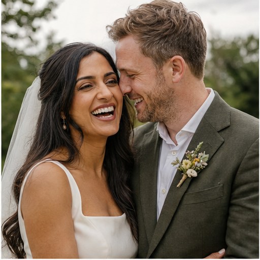Maya and Ben laughing together, close portrait