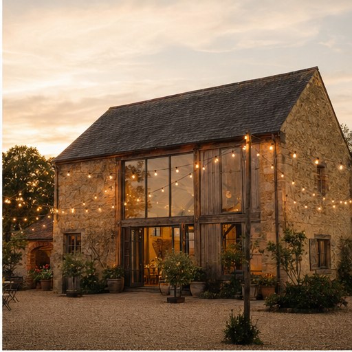Fern & Finch Barn at sunset, festoon lights strung across the stone facade