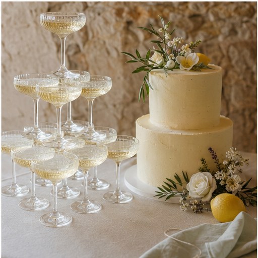 A tower of coupe glasses beside a two-tier buttercream wedding cake