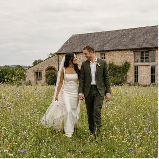 Maya and Ben walking hand in hand through a wildflower meadow beside the barn