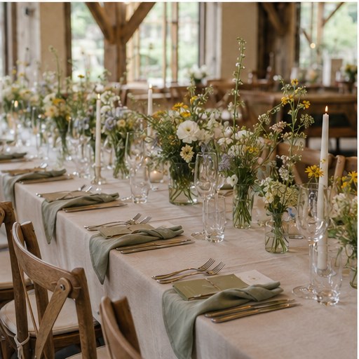 Long banquet table dressed with wildflowers, candles and sage green napkins